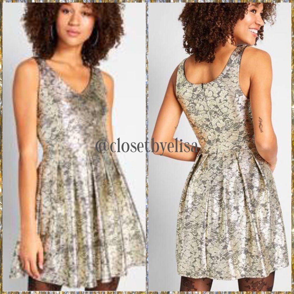 ModCloth Gold Fit Flare Dress NWT XS Metallic Party Holiday Cocktail